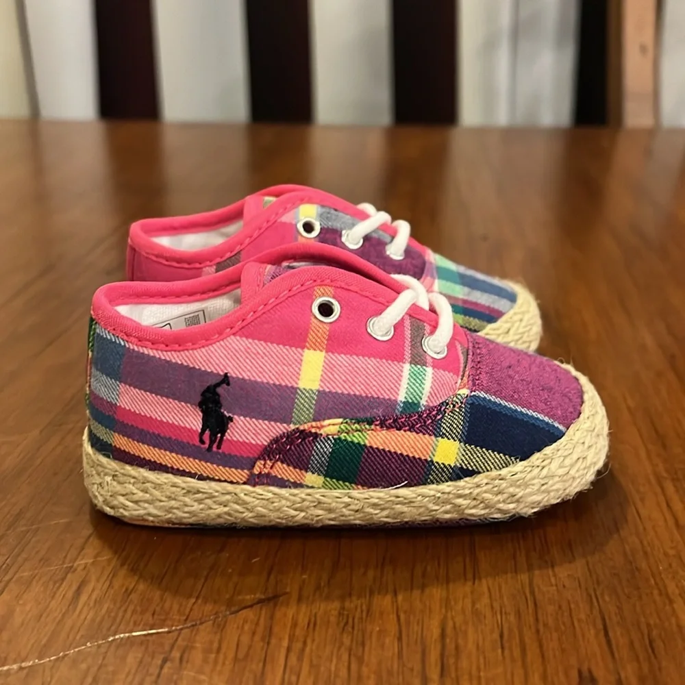 Polo Ralph Lauren Pink Plaid Bowman Lace Crib Shoes Sneakers Girls Baby Size 2
